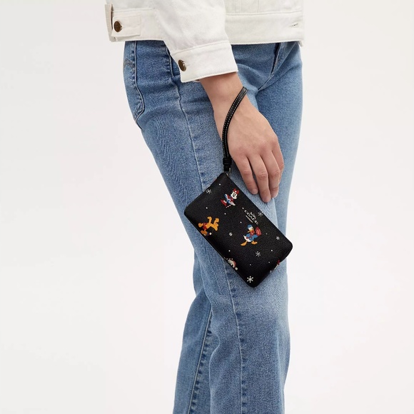 Disney X Coach Corner Zip Wristlet With Holiday Print NWT - Picture 2 of 3